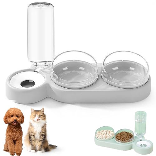 ANIROY 3 in 1 Cat Food and Water Bowl Set with 15° Tilted and 360° Rotating, Anti-Spill Feeder with Stand, Double Cat Bowl with Automatic Water Dispenser (Gray)