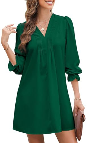 Dokotoo Kleid Damen Langarm Elegant Einfarbig A-Linien Rüschenärmel V-Ausschnitt Midikleid Partykleid Freizeitkleid Dating-Kleid Sommerkleider Rüschenkleid Grün L