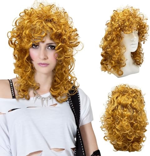 UILYNIU 80's Blonde Curly Wig for Women Fancy Dress 1990's Fancy Dress Wig for Women, Ladies Wavy Wig Costumes Accessories, Women's Disco Rock Wigs For Halloween Carnival Cosplay Party Wigs (Blonde)