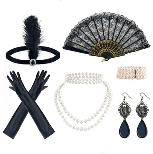 wokdsbl 8PCS 1920er Jahre Accessoires-20er Schmucksets für Damen- 20's Theme Set mitPerlenkette, Ohrringe, Diadem, Fächer, Handschuhe-1920er Great Gatsby Thema Party Zubehör für Fraue