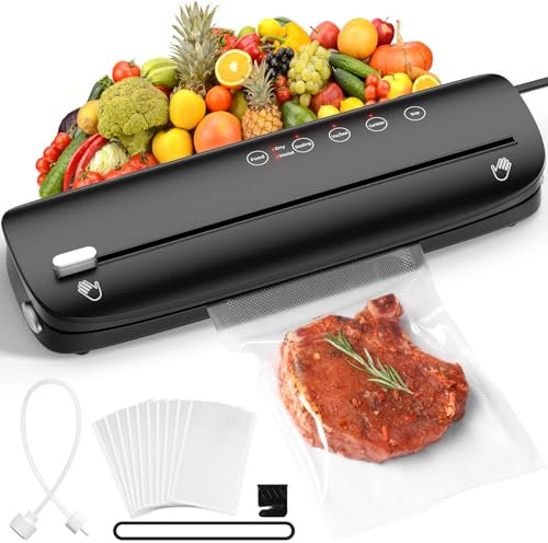 Vakuumiergerät 5 in 1, Multifunktions-Vakuumierer mit Eingebauter Cutter, Vakuumierer sous vide mit 10 Vakuumierbeutel und Schlauch, Folienschweißgerät Vakuum Sealer für Lebensmittel