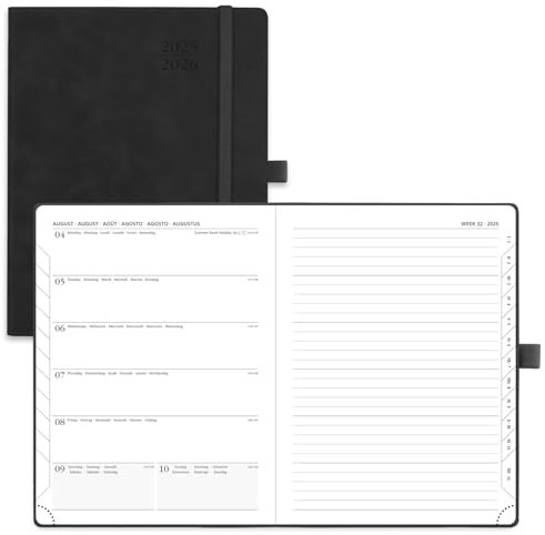 POPRUN Kalender 2025 2026 Buchkalender Notizbuch (Aug.2025-Dez.2026), ca. A5 (22 x 16,5 cm), Terminplaner, Wochenplaner Softcover mit PU-Leder, Zertifiziertem Papier - Schwarz