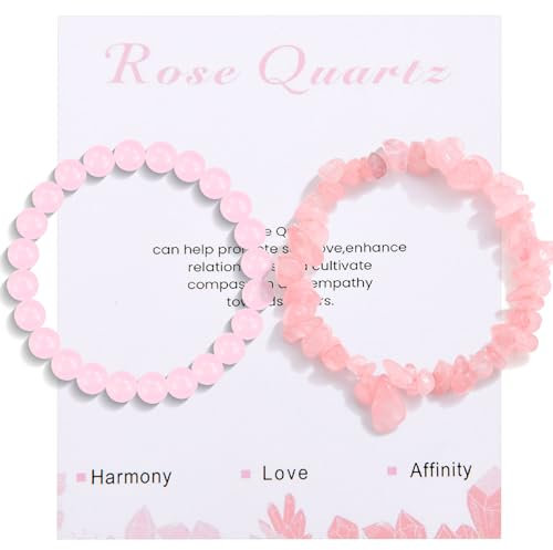 CERSLIMO 2Pcs Rose Quartz Bracelet for Women Girls - Natural Bead Stone Crystal Healing Stretch Link Bracelets, Gemstone Anxiety Jewelry Birthday Christmas