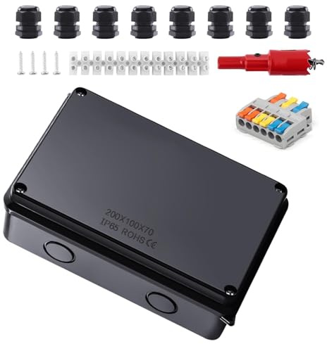 TIANLIN Aufputz Verteilerdose, Schwarz Ip65 Wasserdichte Abzweigdose, 200 X 100 X 70 mm Abzweigdose Groß, Ø 12-16 mm, mit Anschlüssen und Montagezubehör für Keller, Garage