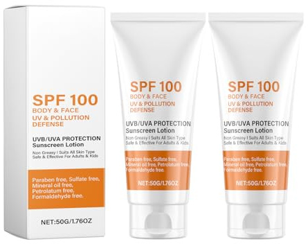 2 Pièces Crème Solaire A L'extrait de Riz, Solaire Bio SPF 100, Crème Solaire Visage et Corps, Sunscreen, Protection Solaire à la Formule Légère et Non Grasse, Pour Tous les Types de Peau