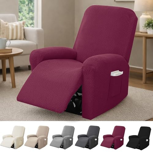 Hengrongshen 1-Sitzer Sessel Überzug, Sesselbezuge Stretch mit Taschen, All-Inclusive Streifen-Jacquard Sesselschoner für Fernsehsessel Relaxsessel Sesselhusse (Bordeaux, 4-Teilig)