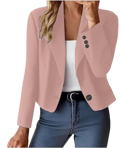 Blazer Femme Grande Taille Veste Tailleur Femme Ample Travail Classique Jacket Printemps Long Ceremonie Blouson Tendance Automne Couleur Unie 1#Rose S