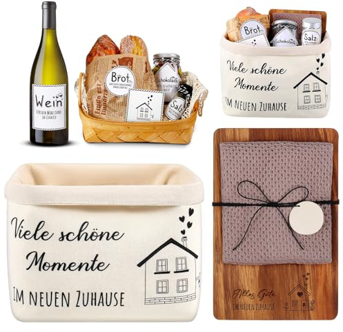 Sinmoe Einzugsgeschenke Wohnung Einweihungsgeschenk Geschenk zum Einzug | Holz Schneidebrett, Stoff Brotkorb, Baumwolle Küchentuch, Aufkleber, Karten, Neues Zuhause Geschenk, Richtfestgeschenk