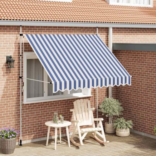 Einziehbare Markise Handbetrieben 250 cm Blau/Weiß Gestreift, UV-beständige Sonnensegel mit Kurbel für Terrasse, Balkon und Garten, wasserabweisend und schmutzabweisend,