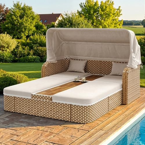 @Moflan Lin Sonnenschirmstuhl/Relaxsessel/Garten-Liegestuhl mit Markise/Sonneninsel aus Rattan mit Markise/Wetterfeste Terrassenmöbel/Geeignet für Balkone und Gärten/Beige/Grau