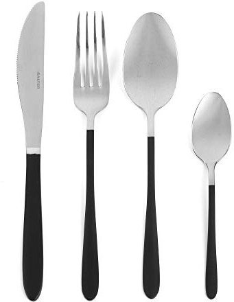 Salter BW07217 NoirSilver 16-teiliges Besteck set - Tafelsilber aus Edelstahl, Geschirrservice für 4 Personen, Enthält Messer, Gabeln, Esslöffel und Teelöffel, Besteck von Hand waschen, schwarz Griffe