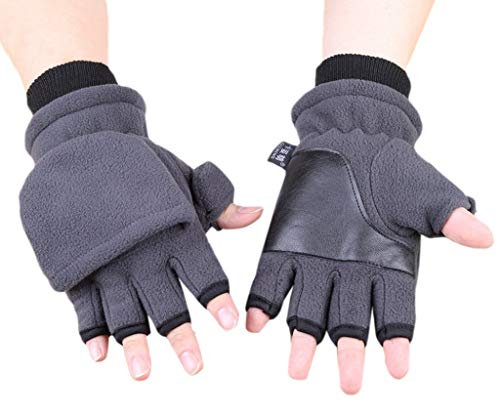 Nankod Winter Polar-Fleece-Halbfinger-Handschuhe, Damen und Herren, doppelschichtig, dicker Touchscreen, fingerlos, umwandelbare Fäustlinge mit Bezug h