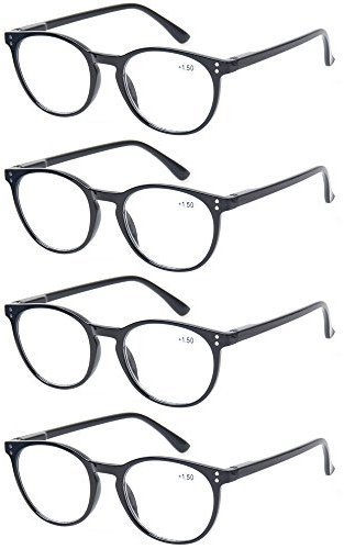 4 Pack Retro Round Reading Glasses Men Women Spring Hinges Lightweight Quality Readers (4.0, 4 Pack Black)