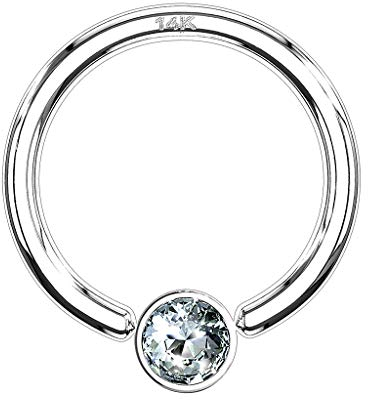 Piercingfaktor BCR Piercing Klemmring Ring 585er Gold 14 KT mit Kristall Septum Helix Ohr Tragus Intim Intimpiercing 1,2mm x 10mm x 3mm Weißgold