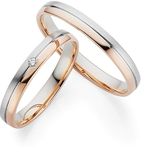 123traumringe Eheringe Weißgold Rotgold 333 Paarpreis mit 1 Brillant inkl. Gravur I Trauringe Weißgold 3mm Breit I Hochzeitsringe Partnerringe Verlobungsring