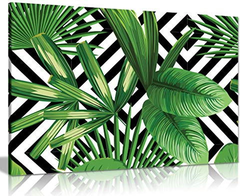Exotic Jungle Leaves Black & White Geometric Botanical Canvas Wall Art Picture Print (36x24)