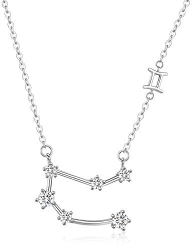 Zwillingskette Sterling Silber Zwillinge Sternzeichen Sternbild Anhänger, 12 Sternbild Horoskop Zeichen Mai-Juni Geburtstagsgeschenke für Frauen Mädchen, Astrologie Stern Schmuck Halskette Kette 18