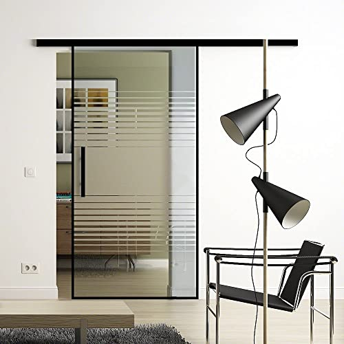 Rahmen-SoftClose-Glas-Schiebetür 1025x2050 mm Lamellen Design Sadora® Slimline-System komplett Laufschiene in Schwarz und Griffleiste beidseitig