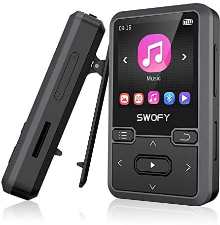 SWOFY Clip MP3 Player mit Bluetooth 5.0, 32GB Mini MP3 Player Sport mit Schrittzähler, Radio FM, Sprachaufzeichnung, Portable Musik Player für Kinder, Unterstützt bis 128GB SD Karte (Schwarz)