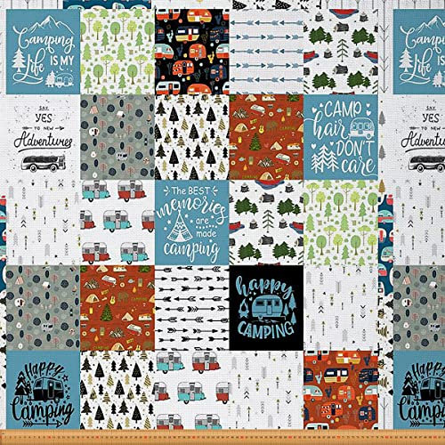 Camper Stoff Meterware Happy Camping Polsterstoff Baum Auto Dekostoff Geometrisches Gitter Pfeil Drinnen Draußen Stoff DIY Art Wasserdichter Stoff Craft Patchwork Mehrfarbig 920 x 150 (HxB)