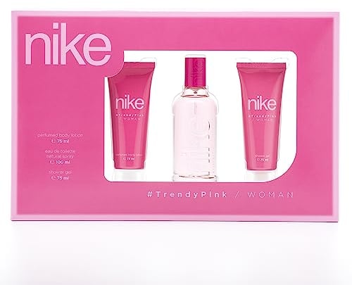NIKE - Trendy Pink Colonia 100 ml + Gel de Baño 75 ml + Crema Corporal 75 ml, Estuche de Regalo Mujer, Eau de Toilette Natural y Femenina, Aroma Floral, Fragancia Fresca, Juvenil y de Larga Duración