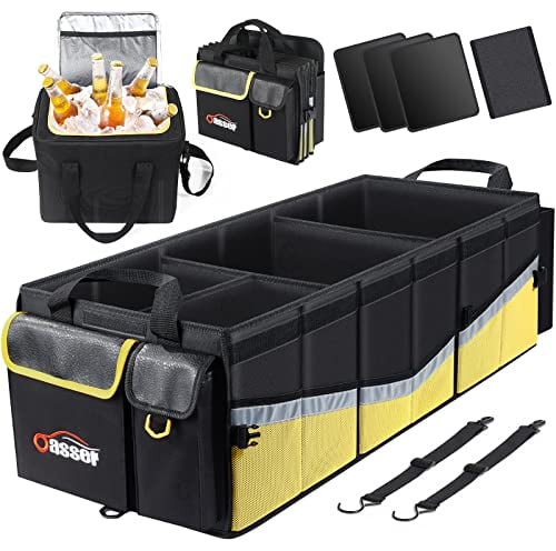 Oasser Car Boot Organiser with Cooler Bag, Large Collapsible Car Storage with Multi Compartments and Lid (XXL, Black&Yellow)