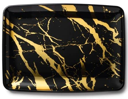 Decorline - Plateau de Service - Lot de 4 - Plats à Servir en Plastique Réutilisable Robuste, Plateaux Traiteur de présentation/décoration Pour de Fête Buffet - Rectangulaire 20x28 cm - Noir/Or