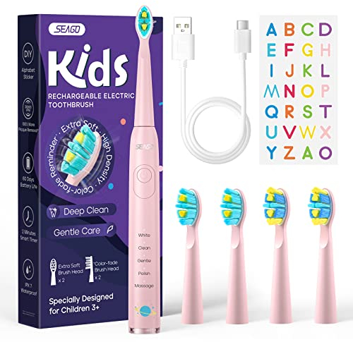Seago Elektrische Zahnbürste Kinder ab 6, Kinderzahnbürste mit Smart Timer, 4 Weiche Ersatzbürstenköpfe, USB Wiederaufladbar, 5 Putzmodi, IPX7 Wasserdicht, 2 Buchstaben Aufkleber, SG-2303(Rosa)