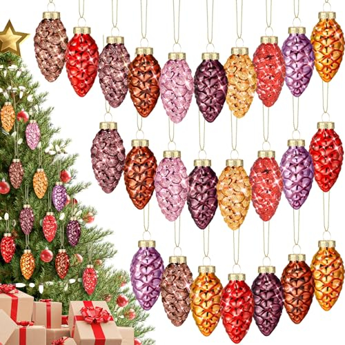 Sliner Tannenzapfen aus Glas, zum Aufhängen, Quecksilberglas, glitzernde Tannenzapfen, Weihnachtsdekoration für Weihnachtsbaum, Herbst, Erntedankfest, 30 Stück (klassische Farben)