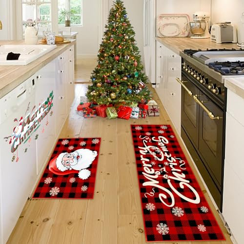 Weihnachtsteppich Matten,3D Rutschfest Waschbar Weihnachtsteppich, Weihnachtsdruck Teppich,Weihnachtlicher Innen und Außenteppich Dekoration für Zuhause Büro Hof Zimmer (Weihnachten E, 43x75+43x150cm)
