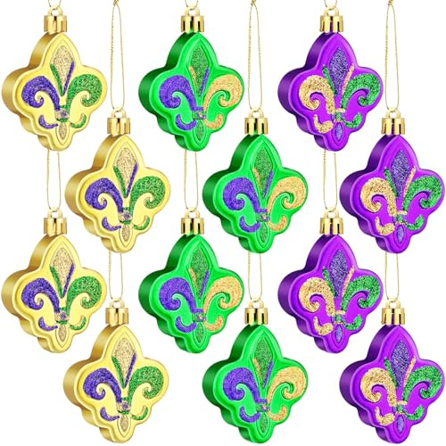 Yuntau 12 Stück Mardi Gras Fleur de Lis Kunststoff Ornament Karneval Kunststoff Hängende Ornamente Gold Grün Lila Karneval Dekor Karneval Weihnachtsbaum Dekorationen für Karneval Urlaub Party