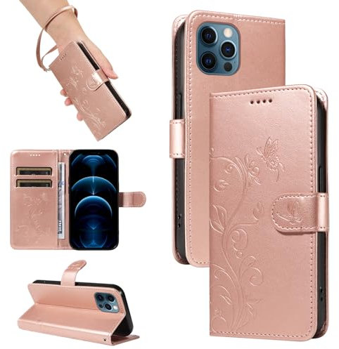 SRISHP Hülle für iPhone 12 Pro Max Hülle, Premium PU Leder Handyhülle mit Band, Magnet Flip Case für iPhone 12 Pro Max, Rosé Gold