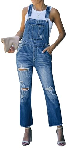 Roskiky Jeans Overall Luftige Hose Damen Sommer Jumpsuit Sport High Waist Latzhose Blau L