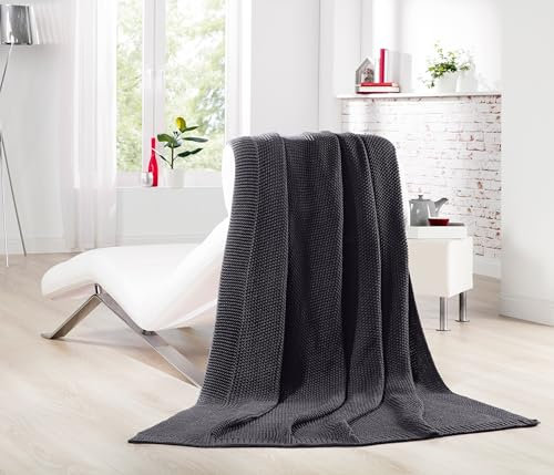Quantum Interior by Maxland Strickdecke mit hochwertiger Randverarbeitung, Sommerdecke wie Handgestrickt, weiche Kuscheldecke, modischer Überwurf für Bett, Sofa und Terrasse ca. 130x170 cm (Anthrazit)