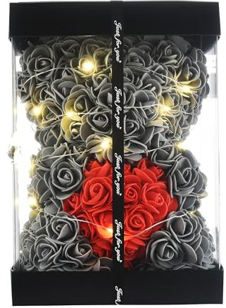 WINWISH Rose Flower Bear - Hand Made Teddy Bear, Best Artificial Decoration Gift for Mom, Girls, Unique Birthday Present - Perfect Party Clear Gift Box (Gray)