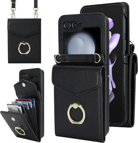 SINQERISHT Handykette Handyhülle für Samsung Galaxy Z Flip 5 5G 2023 Wallet Hülle PU Leder Case mit Kartenfach, Brieftasche mit 360° Ring Ständer Klapphülle Magnetverschluss Cover(Schwarz)