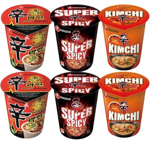 Nongshim SHIN Assorted Spicy Instant Cup Noodles - Original, Kimchi & Red Super Spicy (Pack of 6) HALAL