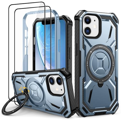 Lanhiem Coque iPhone 11 avec 2 Verre Trempé, Antichoc Étui de Militaire Protection, Anneau Support Renforcée Armure Etui pour iPhone 11 Housse, Bleu
