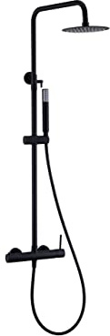 IMEX - Columna Ducha Negra Monomando con Grifo | Conjunto de Ducha con Alcachofa y Rociador Antical | Griferia en Latón y Acero Inox S.304 con Barra Extensible | Serie Monza