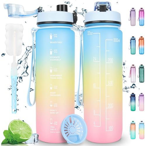 AOPREL Trinkflasche 1L - Sport Wasserflasche - Auslaufsicher Trinkflasche mit Filter Motivierende 1 Liter Trinkflasche für Familien Schulen Büros Bergsteigen Fahrrad Camping (Blau-Gelb-Rosa)