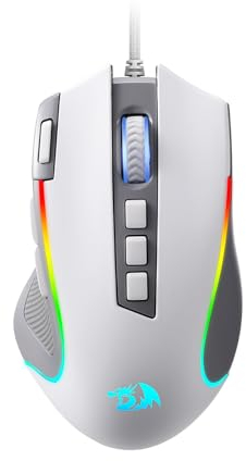 Redragon M612 - Ratón para juegos RGB, 8000 DPI con cable con 9 botones programables y 5 modos retroiluminados, software compatible con botón de disparo rápido, color gris y blanco