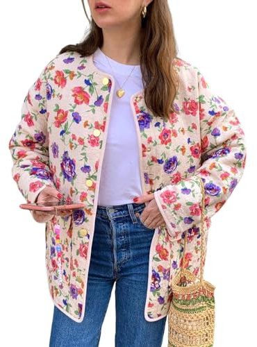 Yimoon Piumino da donna floreale, leggero, lungo, imbottito, trapuntato, aperto sul davanti, abbigliamento invernale, Viola, Large