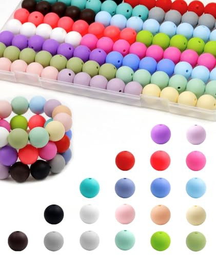 UNOZAVER 100 Stück Bunte Silikon Perlen, 15mm Silikonperlen Bastelperlen für Armband, Halskette, Schlüsselbund, Schmuck Herstellung, DIY Handwerk (20 Farben)