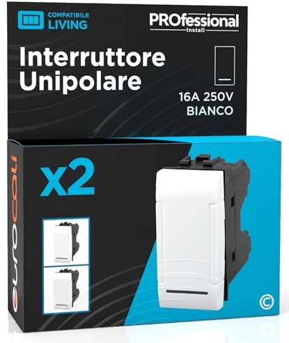 Interruttore Unipolare di Corrente 16A 250V Compatibile con BTicino Living a Incasso da Muro Frutti Elettrici Colore Bianco - Confezione da 2