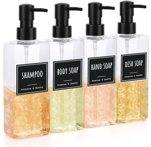 Segbeauty Flacon Pompe Vide, 4 Pièces Distributeur Savon Cuisine, Distributeur Shampoing et Gel Douche, Distributeur de Savon Liquide avec Etiquettes, pour Liquide Vaisselle (Transparent)