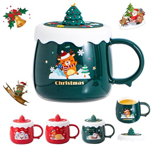 MeYuxg Tazas navideñas, Taza de café de cerámica de Navidad 400 ml, taza de té con leche de jugo de té, taza de Navidad con tapa, linda taza de Navidad para cumpleaños, Navidad, niñas, niños, regalos,