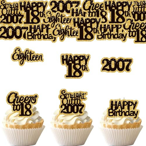 ENLACE Essbare Tortendeko 18 Geburtsta Junge Mädchen,48 Stück Cupcake Topper 18. Geburtstag,Esspapier Happy Birthday 2007 Deko Torten,Muffin Deko 18 Geburtstagdeko,Cheers to 18 Kuchen Deko Essbar