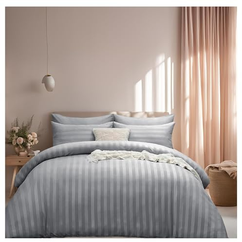 J.Din Super King Size Satin Stripe Reversible Duvet Cover Sets, Silver Grey | Soft Brushed Microfiber Bedding 3 Piece Duvet Bed Set Hotel Quality Quilt Cover with 2 Pillowcases