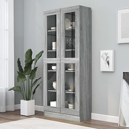 Myheimly Vitrinenschrank mit viel Stauraum, Beistellschrank für Schlafzimmer Wohnzimmer Büro, Büroschrank Schrank, Eichen-Optik Holzwerkstoff Grau Sonoma 82,5x30,5x185,5 cm Holzwerkstoff