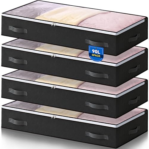 AIOR 4 Stück 90L Unterbettkommode mit Sichtfenster, Faltbare Unterbett-Aufbewahrungstasche Kleideraufbewahrung, Decken Organisator Lagerbehälter, 100x50x18cm (Schwarz)